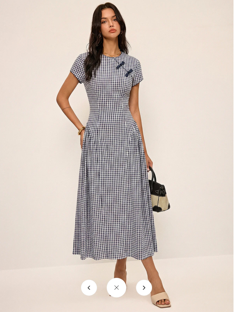 NWT Commense Gingham Frog Button Short Sleeve Midi Dress Sz M